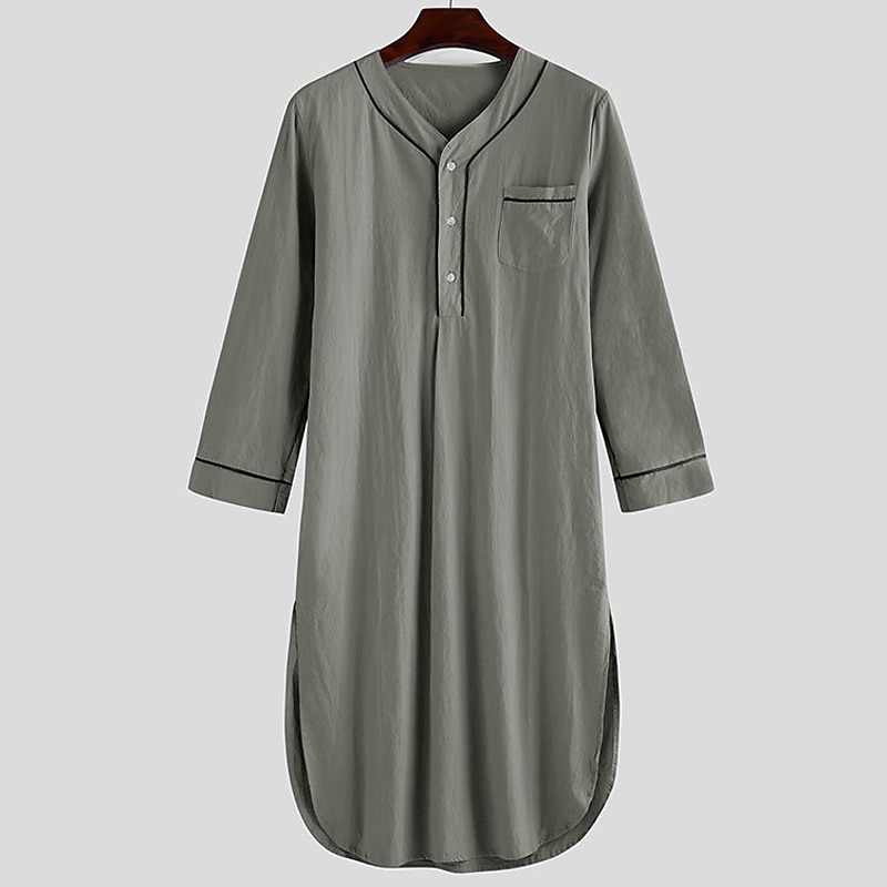 Hombre Pijamas Ropa de salón Bata de noche Pijama 1 pc Color puro Moda Confort Suave Hogar Cama Poliéster Transpirable Escote en V Manga Larga Básico Primavera Otoño Negro Blanco 2026 - $28.99 –P5