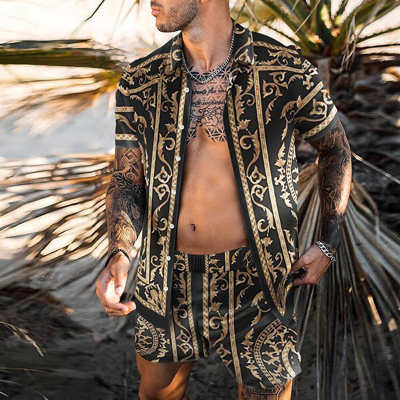 Herr 3D-utskrift 2st Skjortor Set Hawaii skjorta Kortärmad Korta byxor Nedvikt Mode Hawaiisk Designer Utomhus Semester Strand 3D-utskrift Button-Down Sommar Vår Svart Blå Purpur 2025 - $34.99 –P1