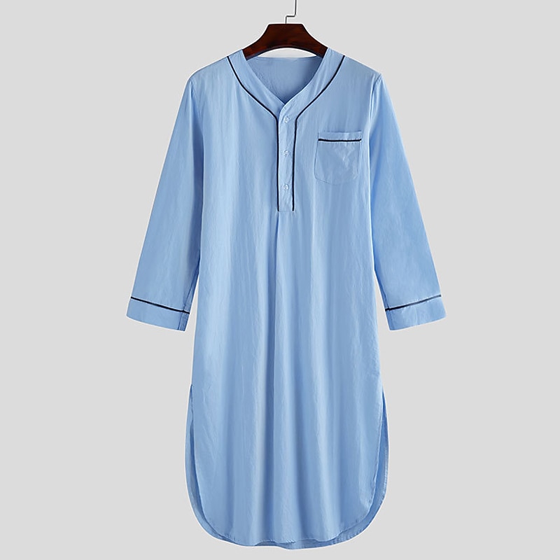 Hombre Pijamas Ropa de salón Bata de noche Pijama 1 pc Color puro Moda Confort Suave Hogar Cama Poliéster Transpirable Escote en V Manga Larga Básico Primavera Otoño Negro Blanco 2026 - $28.99 –P6