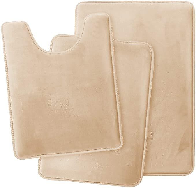 3pc Bathroom Rugs, Velvet Memory Foam Bath Mat - Non-Slip Bath