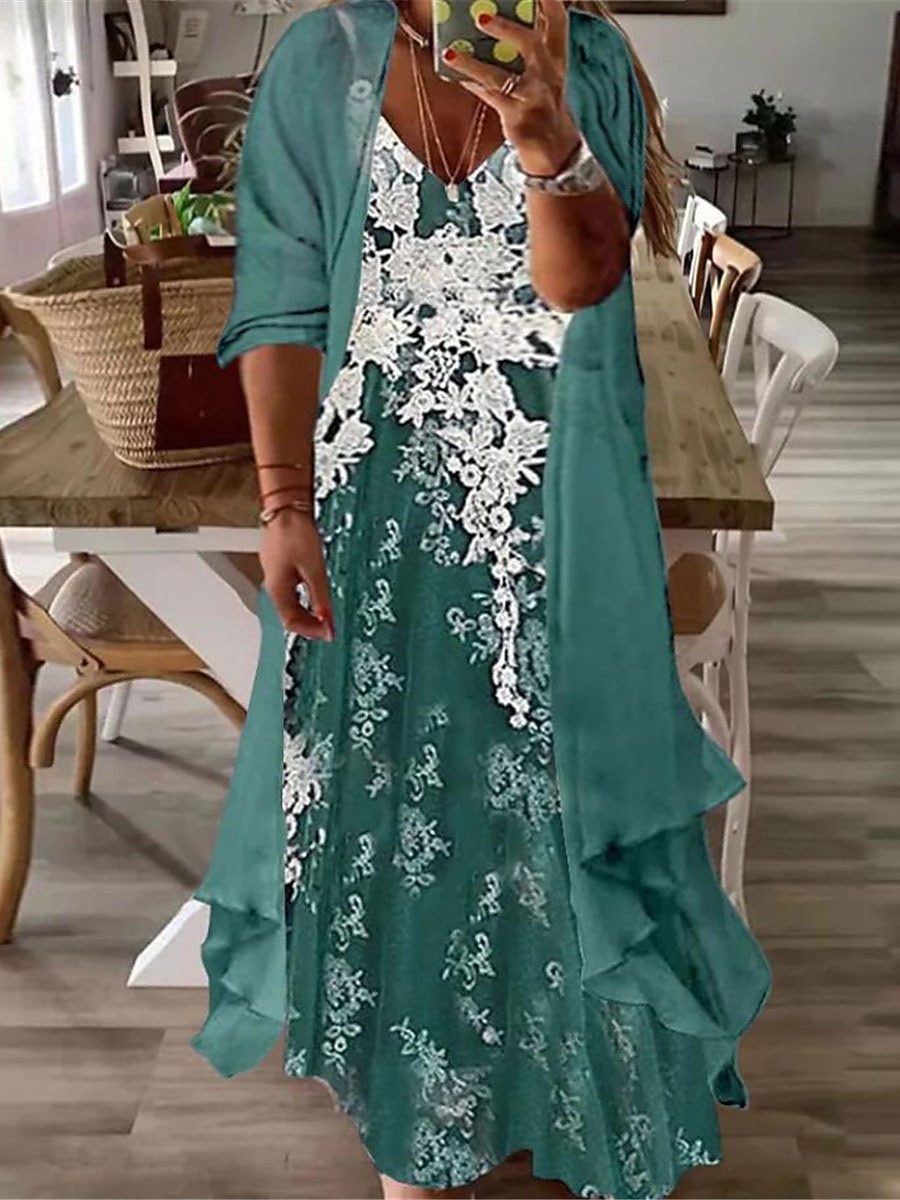 kvinnors plus size kurva casual klänning klänning set tvådelad klänning blommig lång klänning maxiklänning 3/4 lång ärmtryck v-ringad mode dagligen rosa blå vår sommar l xl xxl 3xl 2025 - $35.99 –P1