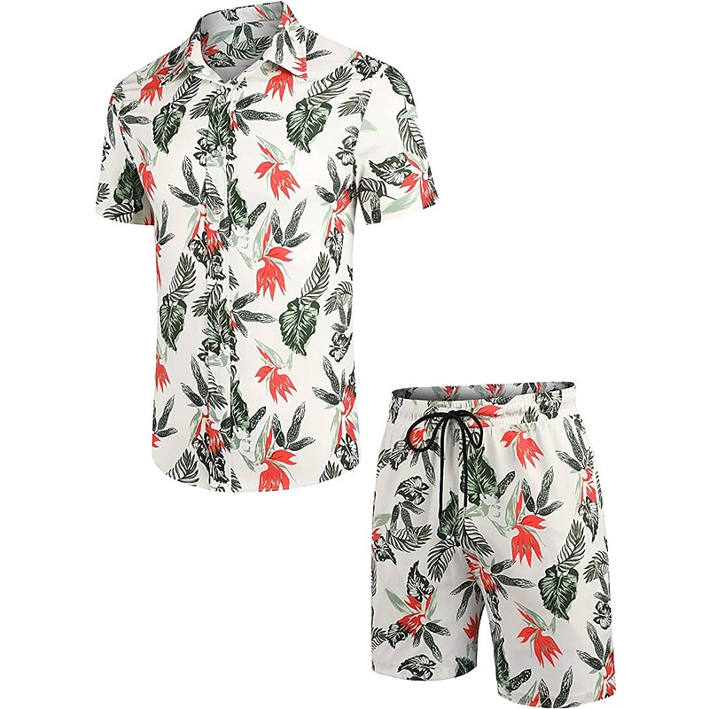 Bărbați Floral Frunze Plante tropicale 2 buc Seturi de camasi Cămașă hawaiană Manșon scurt Pantaloni scurti Răsfrânt Tropical Modă Hawaiană Stradă Casual Hawaiian Imprimeu Vară Primăvară Negru Alb 2025 - $34.99 –P18