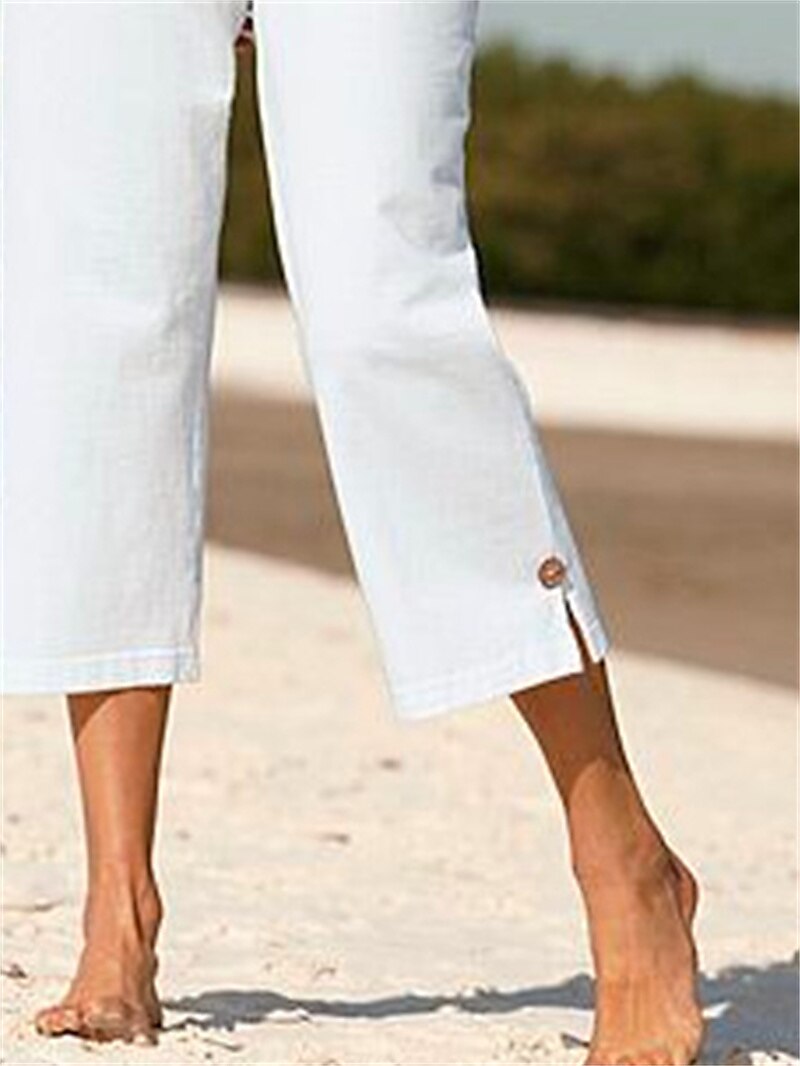 Per donna Pantaloni di lino Chino Simillino Tasche laterali Spacco cascante Polpaccio Nero del 2025 a $17.99 –P6