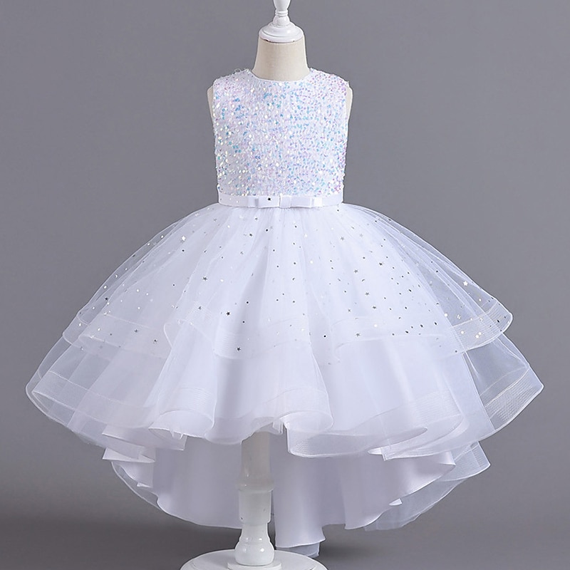 Robe de Demoiselle d'Honneur Fille Fille Robe Robe de fête Utilisation Mariage Soirée Elégant Princesse Paillettes Maille Paillette Sans Manches Col Ras du Cou Blanche Rouge 3-13 ans de 2025 ? $35.99 –P1