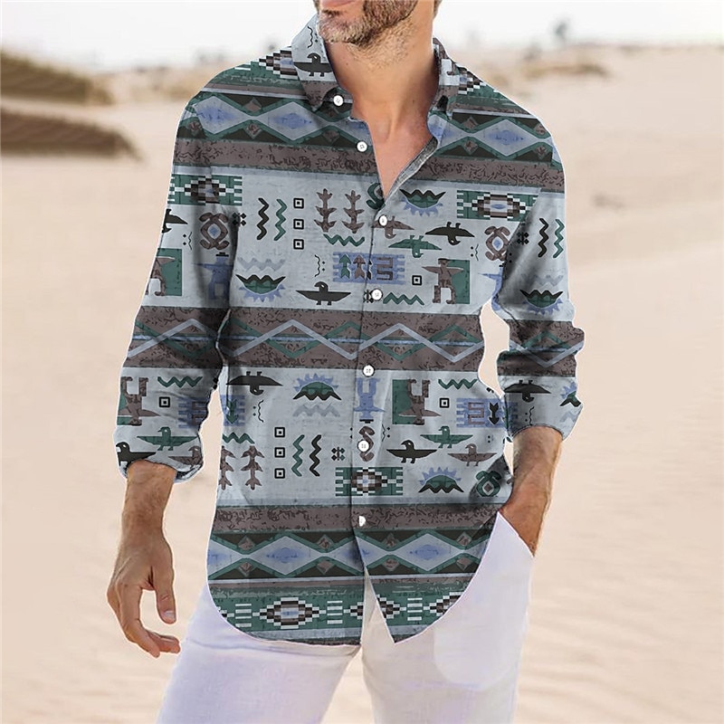 Herr Stam Geometri Etnisk Skjorta Knapp upp skjorta Långärmad Vintage Mode Streetwear Utomhus Dagligen Höst vinter Nedvikt Mönster Button-Down Gul Blå 2025 - $24.99 –P2