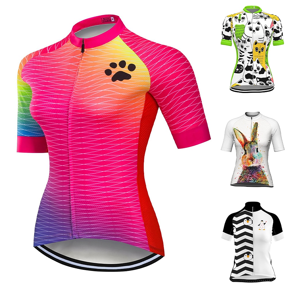 2026年 女性用 サイクリングジャージー 動物 虹色 勾配 半袖 バイク ジャージー トップス 3つのリアポケット付き マウンテンサイクリング ロードバイク 速乾性 ソフト 反射性ストリップ 後ポケット スポーツ ホワイト グリーン ローズレッド 衣類  コレクション – $30.99 –P1