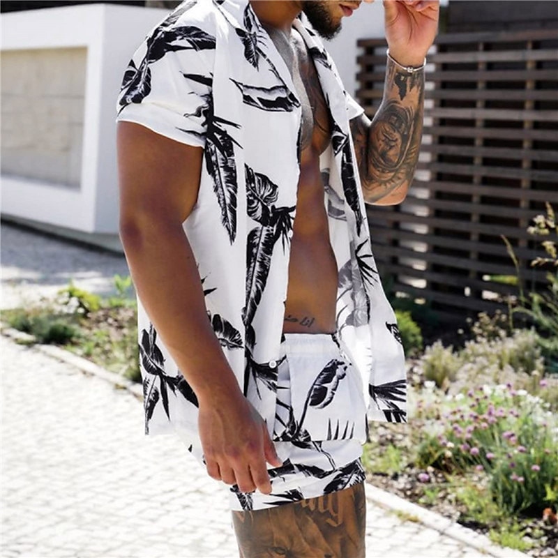 Men's Summer Hawaiian Shirt Shirt Set Graphic Prints Leaves