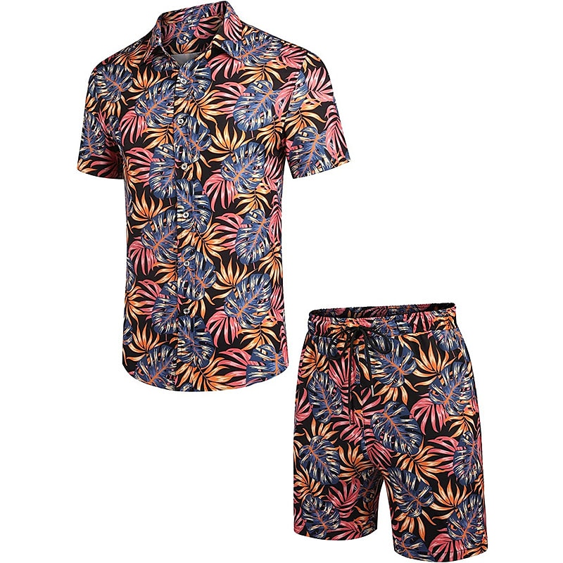 Bărbați Floral Frunze Plante tropicale 2 buc Seturi de camasi Cămașă hawaiană Manșon scurt Pantaloni scurti Răsfrânt Tropical Modă Hawaiană Stradă Casual Hawaiian Imprimeu Vară Primăvară Negru Alb 2025 - $34.99 –P12