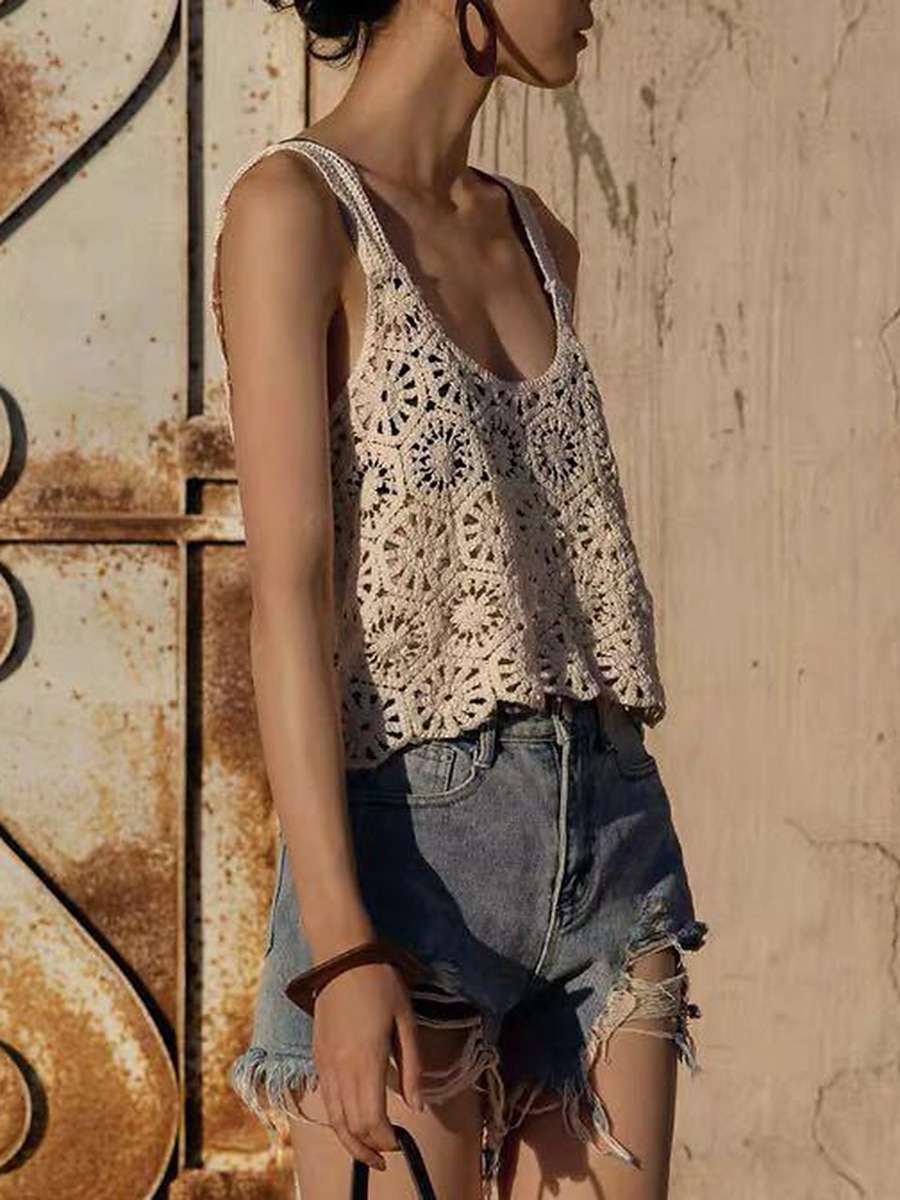 Women's Sweater Vest Deep U Crochet Knit Cotton Hollow Out Summer Spring Beach Sexy Sleeveless Solid Color Apricot One-Size 2023 - US $25.99 –P5