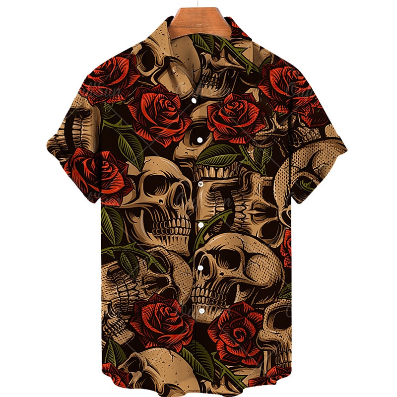 Men's Floral Skull Shirt Summer Hawaiian Shirt Aloha Shirt Short Sleeves Shirt Turndown Tropical Fashion Hawaiian Street Casual Hawaiian Black Yellow Red S M L 2025 - $24.99 –P4