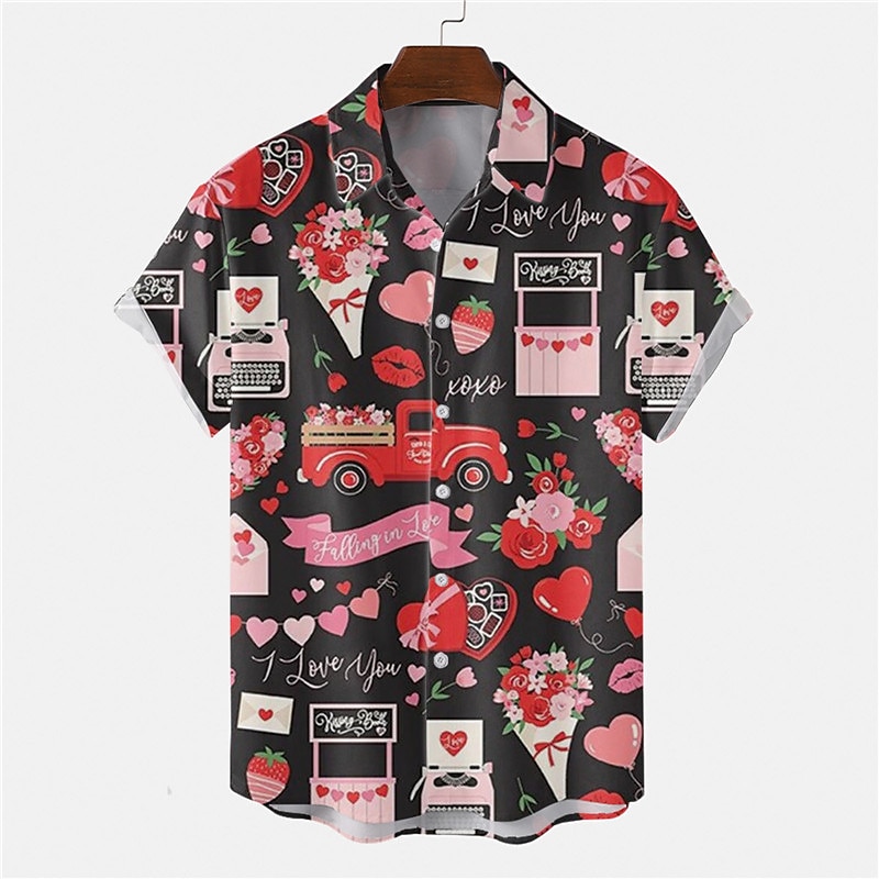 Men's Heart Shirt Button Up Shirt Short Sleeve Tropical Fashion Hawaiian Casual Holiday Beach Summer Spring Turndown Print Button-Down Black White Wine Red Rainbow 2025 - €23.99 –P3