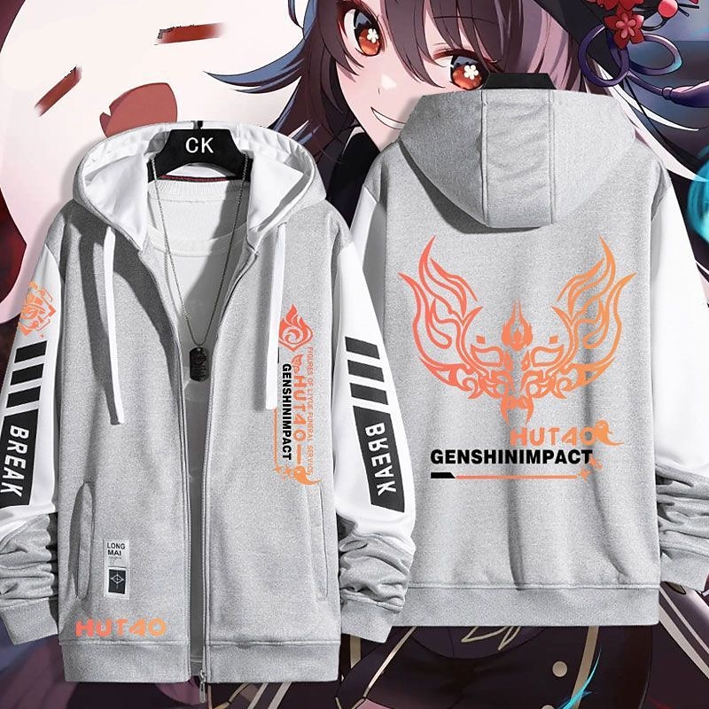 Genshin Impact Hutao Ytterklær Hettegenser med glidelås Animé Lomme foran Graphic Til Par Herre Dame Voksne Varmstempling Fritid / hverdag 2025 - $48.99 –P8
