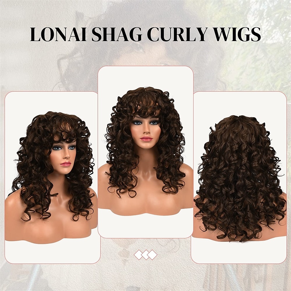 krullende pruik met pony voor vrouwen-lonai lange 23 inch chocoladebruine kinky pruiken met piekerige pony krullend prachtige shag synthetische pruik voor dagelijks gebruik party cosplay 2025 - $28.99 –P5