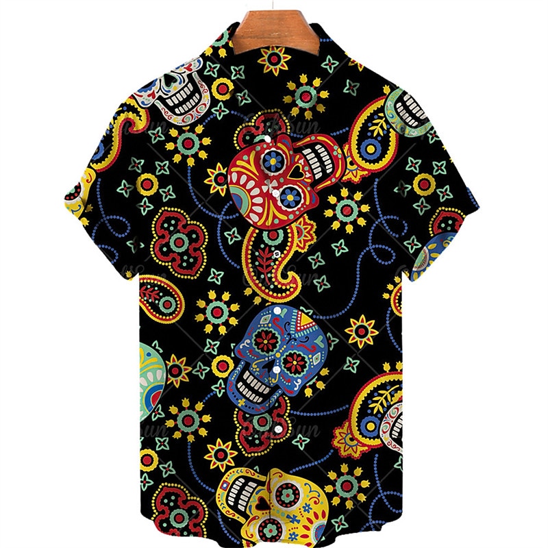 Men's Floral Skull Shirt Summer Hawaiian Shirt Aloha Shirt Short Sleeves Shirt Turndown Tropical Fashion Hawaiian Street Casual Hawaiian Black Yellow Red S M L 2025 - $24.99 –P1