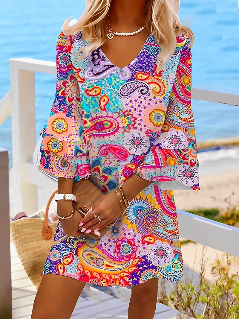 dámské mini šaty příležitostné šaty poloformální šaty drobné šaty sundress Bohemia volány rukáv dovolená každodenní koktejlová party regular fit květinový paisley 3/4 délky rukáv v-krk červená modrá 2025 - $46.99 –P1
