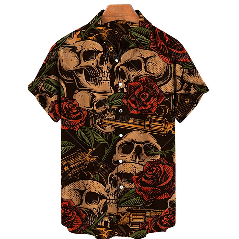 Men's Floral Skull Shirt Summer Hawaiian Shirt Aloha Shirt Short Sleeves Shirt Turndown Tropical Fashion Hawaiian Street Casual Hawaiian Black Yellow Red S M L 2025 - $24.99 –P2