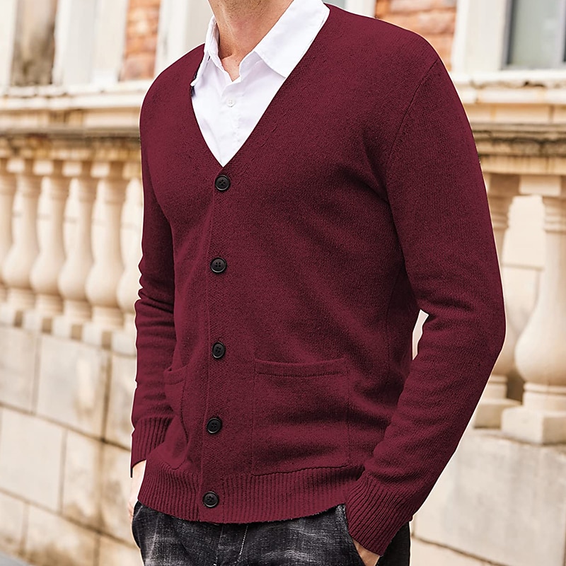 Herr Tröja Cardigan Tröja Ribbad Sticka Stickat Slät V-hals Mode Ledigt Sport Dagliga kläder Kläder Vår & Höst Vinrött Svart M L XL 2025 - $22.99 –P13