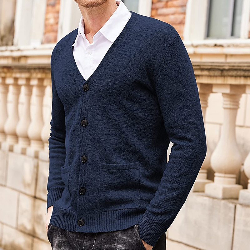 Herr Tröja Cardigan Tröja Ribbad Sticka Stickat Slät V-hals Mode Ledigt Sport Dagliga kläder Kläder Vår & Höst Vinrött Svart M L XL 2025 - $22.99 –P2