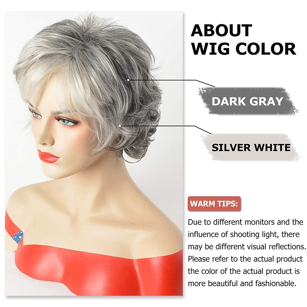 korte grijze pruiken voor blanke vrouwen gemengd grijs zilver krullend golvend pruiken met witte pony oma synthetisch kort haar pruiken 2025 - $24.99 –P5