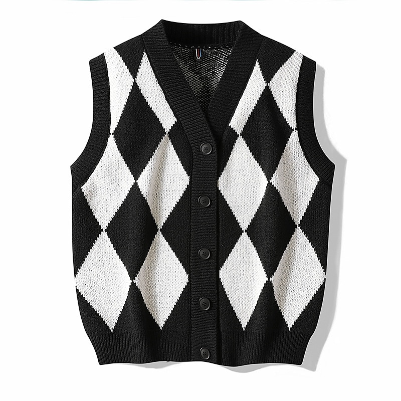 Herren Pullunder Strickjacke Gerippt Stricken Taste Strick Geometrisch V Ausschnitt Moderne zeitgenössische Freizeitskleidung Ausgehen Bekleidung Ärmellos Herbst Winter Schwarz Blau M L XL 2025 - $28.99 –P1
