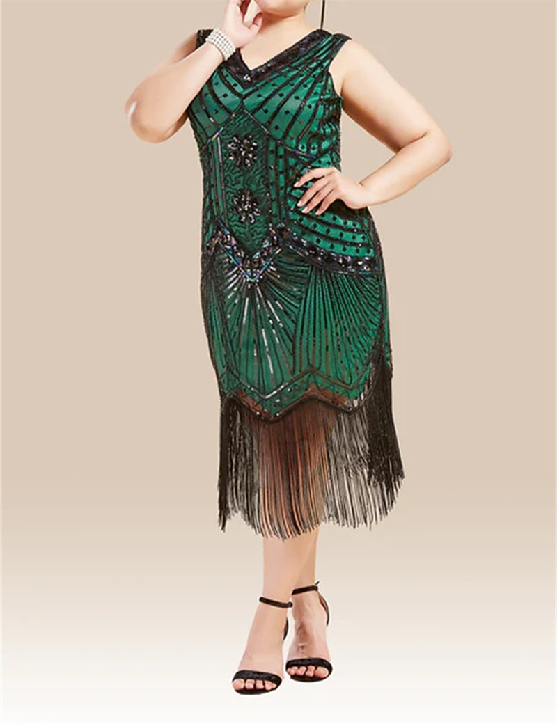 Anni Ruggenti Anni 1920 Midi Abito Flapper Abito da cocktail Set di accessori Senza maniche Il grande Gatsby Invitato al matrimonio Paillettes Frangia con nappe Scollo a V Costume Per donna Mascherata del 2026 a $60.99 –P4