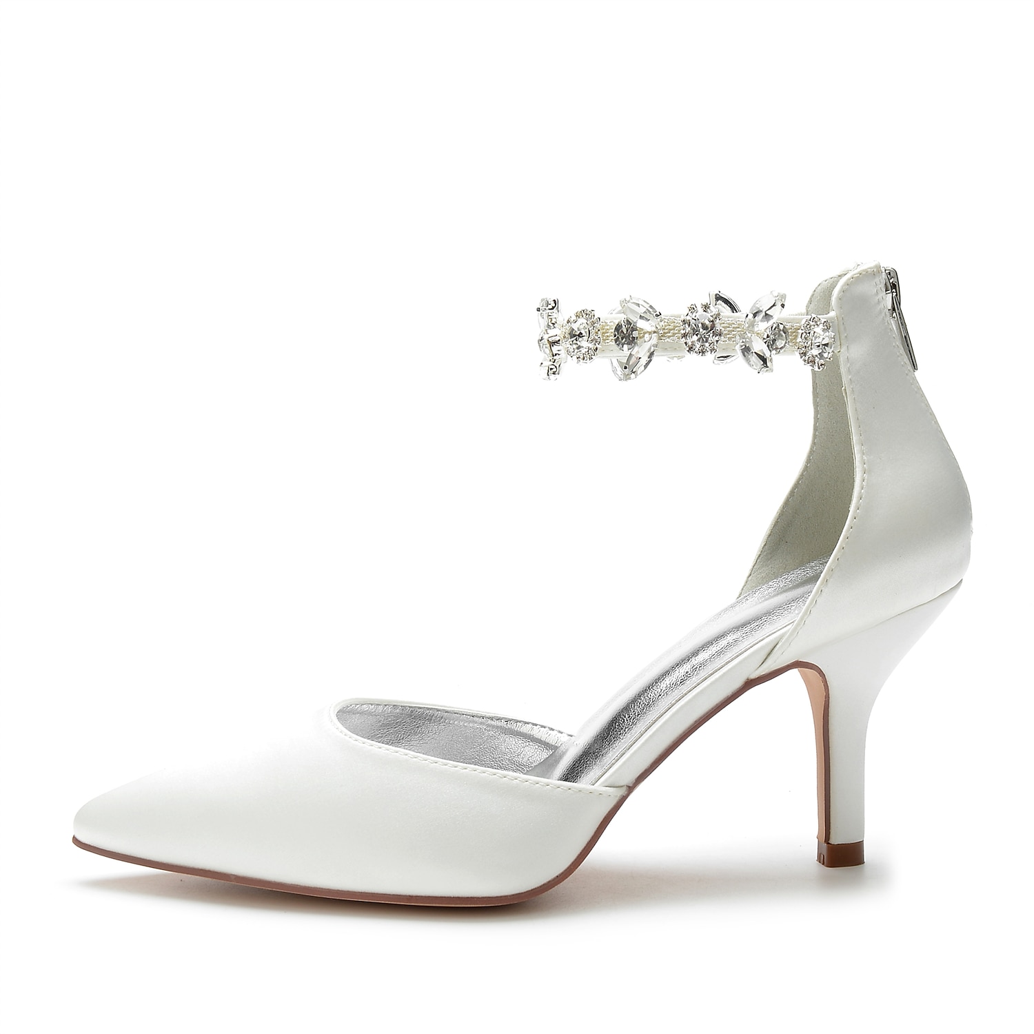 tocuri de nuntă cu vârf ascuțit din satin argintiu pentru femei – curea la gleznă cu strass și toc mijlociu elegant 2025 - $79.99 –P1