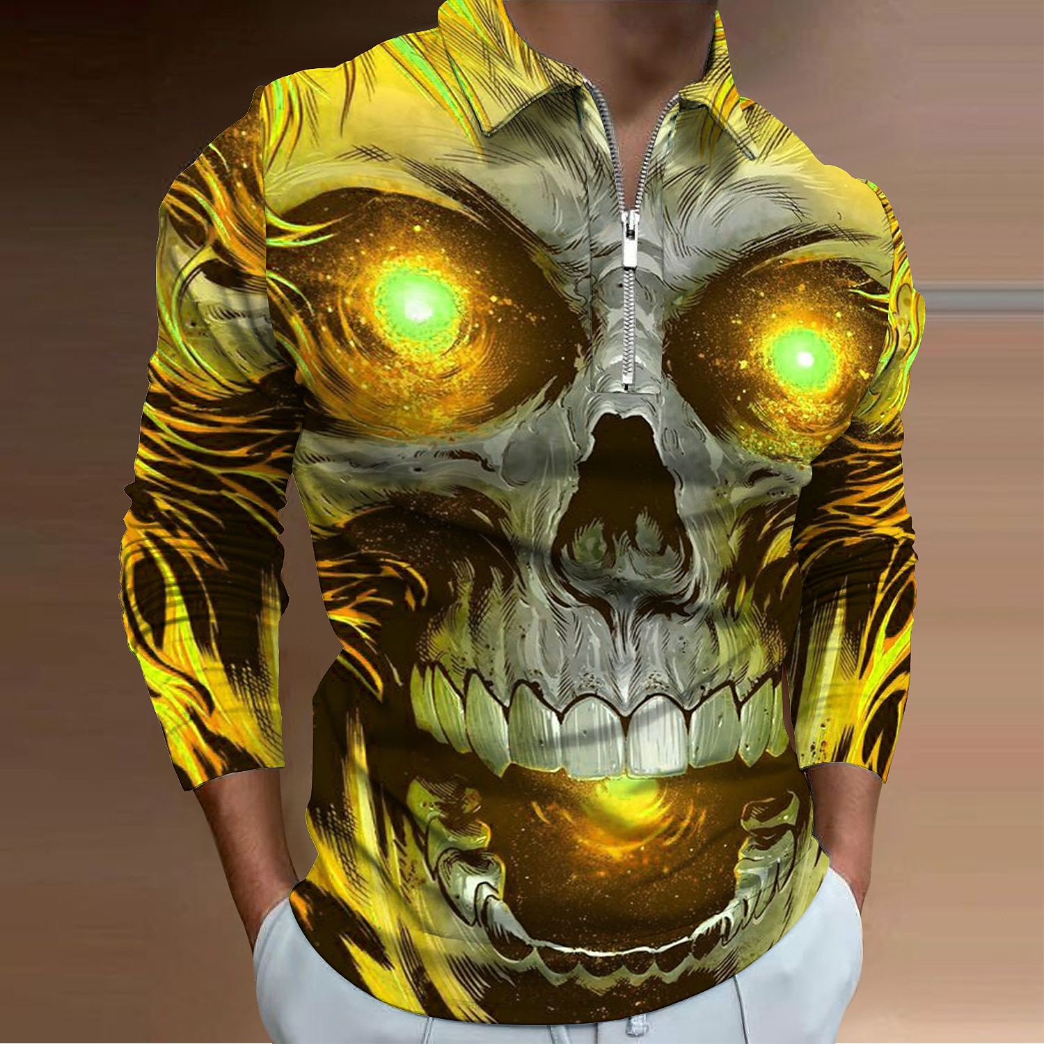 Giorno dei Morti Per uomo Teschio Polo con zip Maglia da golf Manica Lunga Magliette polo Camicie con Colletto Casual Orrore Abbigliamento casual alla moda Abbigliamento da festa Abiti da festa del 2026 a $25.99 –P4