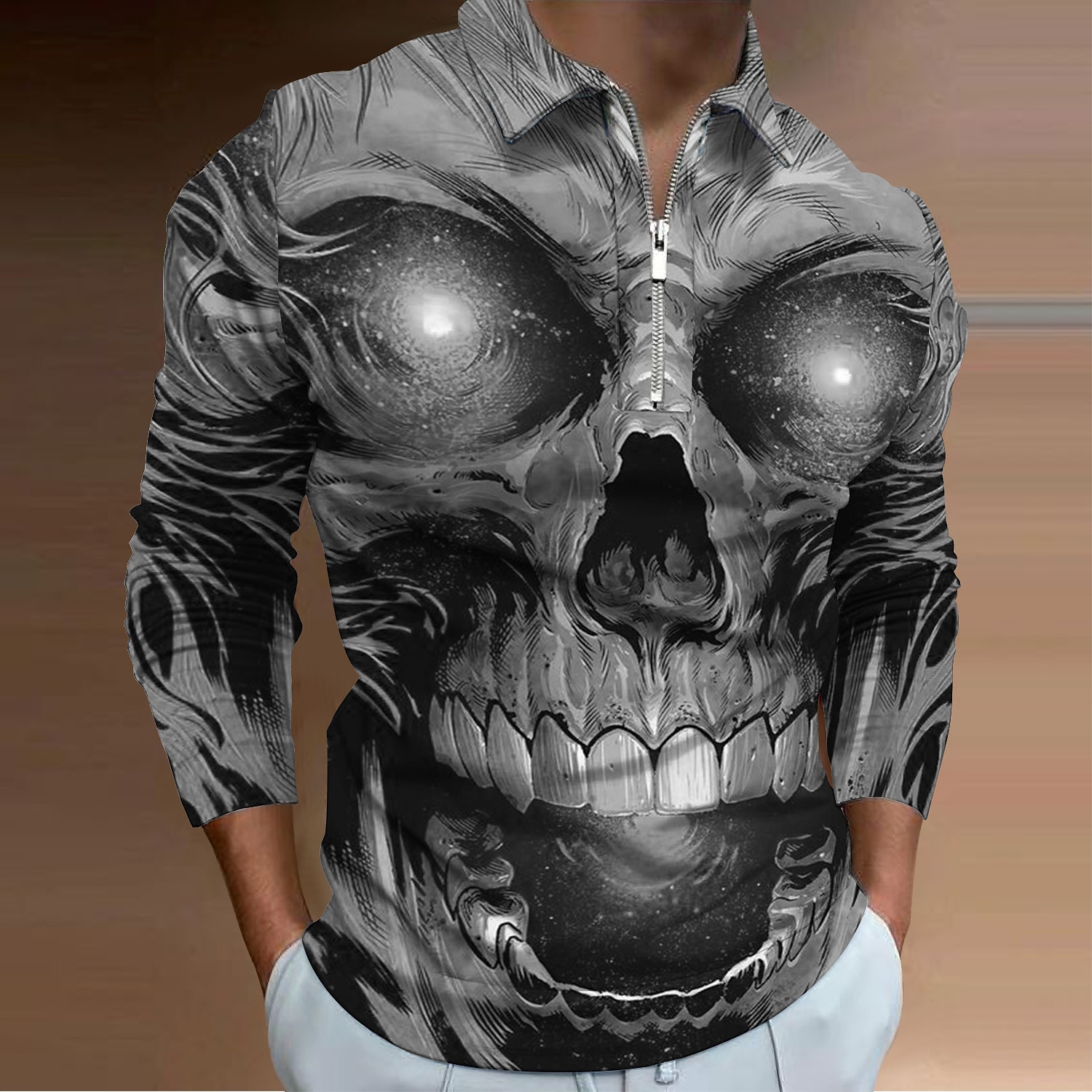 Giorno dei Morti Per uomo Teschio Polo con zip Maglia da golf Manica Lunga Magliette polo Camicie con Colletto Casual Orrore Abbigliamento casual alla moda Abbigliamento da festa Abiti da festa del 2026 a $25.99 –P5