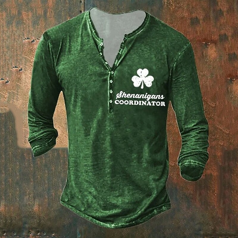 st.patrick's day henley skjorte for menn grafisk st. patrick's day kløver henley klær klær 3d-print utendørs casual lange ermer button-down print motedesigner 2025 - $23.99 –P4
