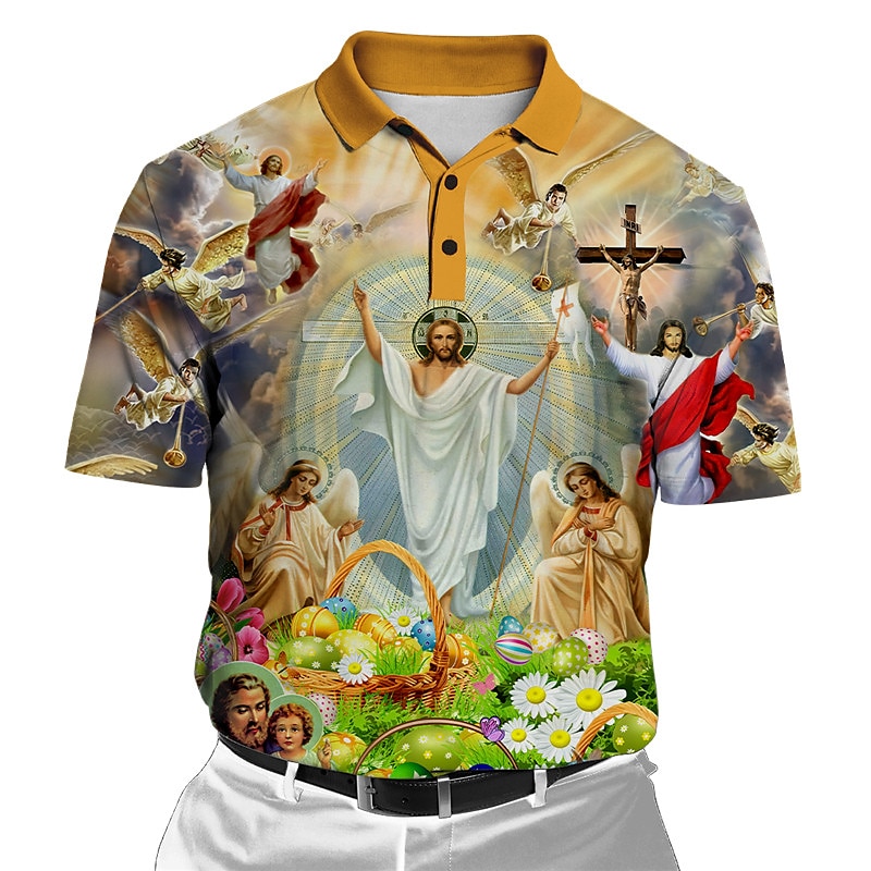 Men's Graphic Prints Easter Jesus Polo Shirt Golf Shirt Short Sleeves Shirt Turndown Outdoor Street Yellow Pink Blue Green Print Button-Down Clothing Apparel Fashion Designer Casual Breathable 2025 - GBP £18 –P1
