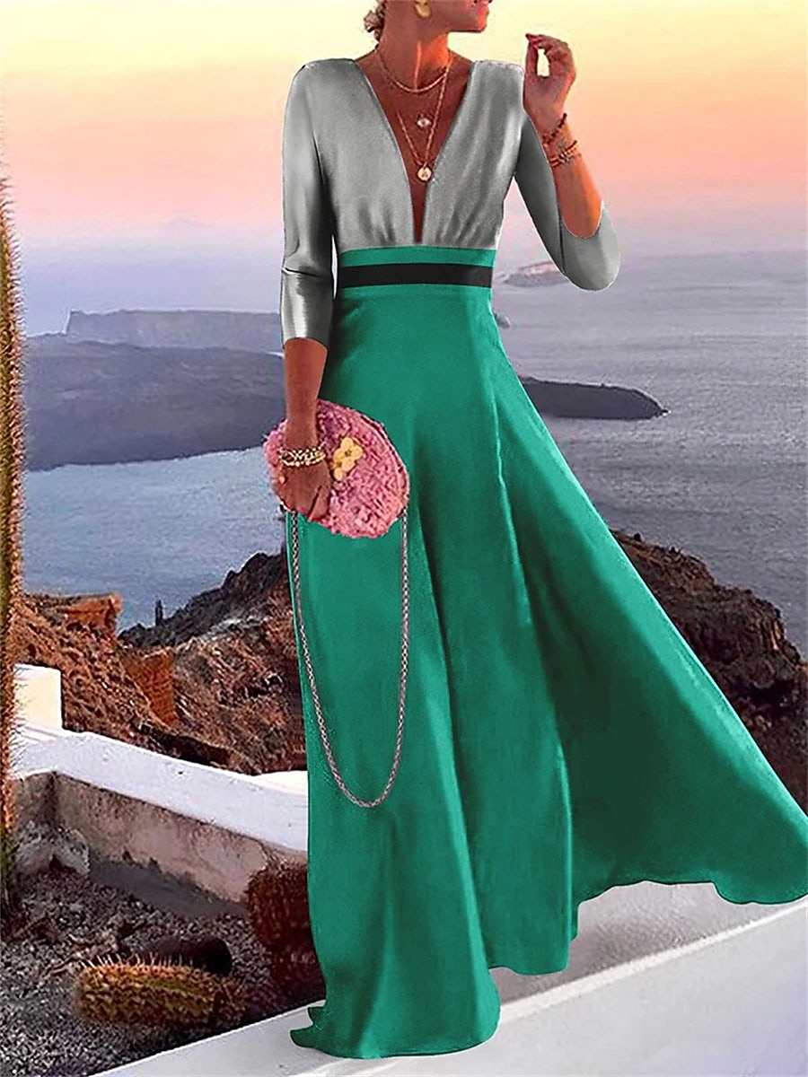 abito casual da donna color block patchwork scollo a V maxi abito lungo casual quotidiano manica 3/4 estate primavera del 2025 a $57.99 –P2