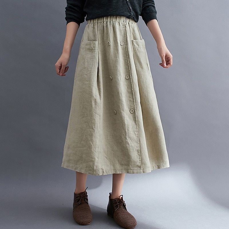 Women's Skirt A Line Long Skirt Linen Skirts coastal grandma style Basic Casual Long Midi Skirts Solid Colored Pocket Split Ends Street Daily Black Brown Green Apricot Spring & Summer Cotton Linen 2025 - $21.99 –P6