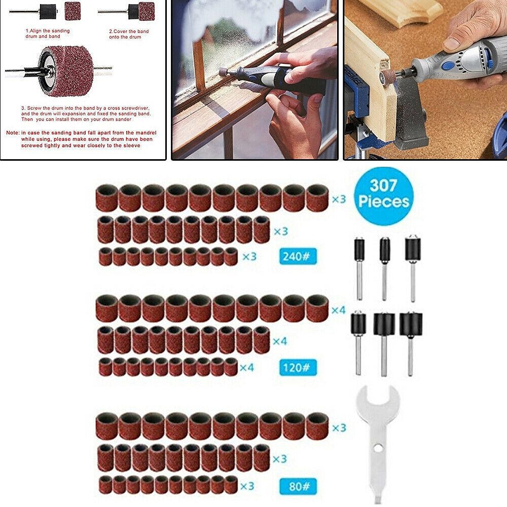 Set di levigatrici a tamburo da 307 pezzi kit di tamburi abrasivi 300 manicotti per nastro abrasivo (80/120/240) + 6 mandrini a tamburo per utensili rotanti Dremel (2,35 mm/3,17 mm) + 1 chiave combinata del 2025 a $23.99 –P7