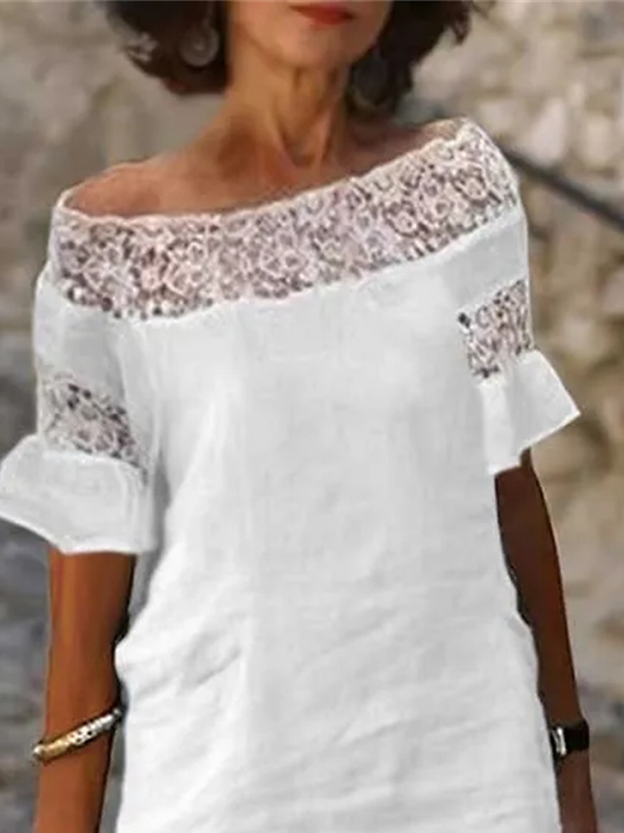 Women's White Summer Spring Midi Dress Linen-Inspired Dresses Casual Dress Shift Dress Fashion Modern Casual Outdoor Vacation Daily Regular Fit Plain Off Shoulder 2025 - $32.99 –P5