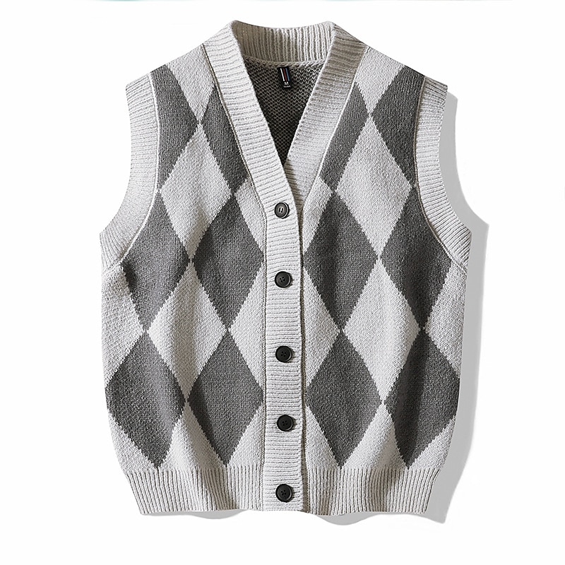 Herren Pullunder Strickjacke Gerippt Stricken Taste Strick Geometrisch V Ausschnitt Moderne zeitgenössische Freizeitskleidung Ausgehen Bekleidung Ärmellos Herbst Winter Schwarz Blau M L XL 2025 - $28.99 –P2