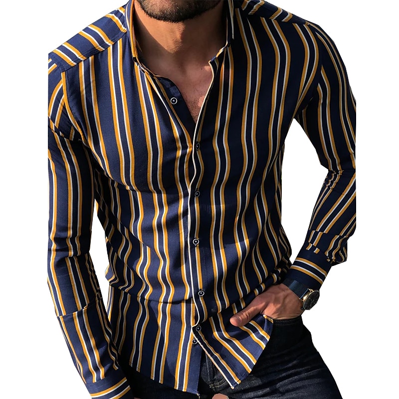 Men's Shirt Summer Shirt Casual Shirt Button Up Shirt Striped Shirts White Yellow Long Sleeve Striped Turndown Vacation Street Clothing Apparel Cotton Cotton Blend Fashion Leisure Comfortable 2025 - $21.99 –P13