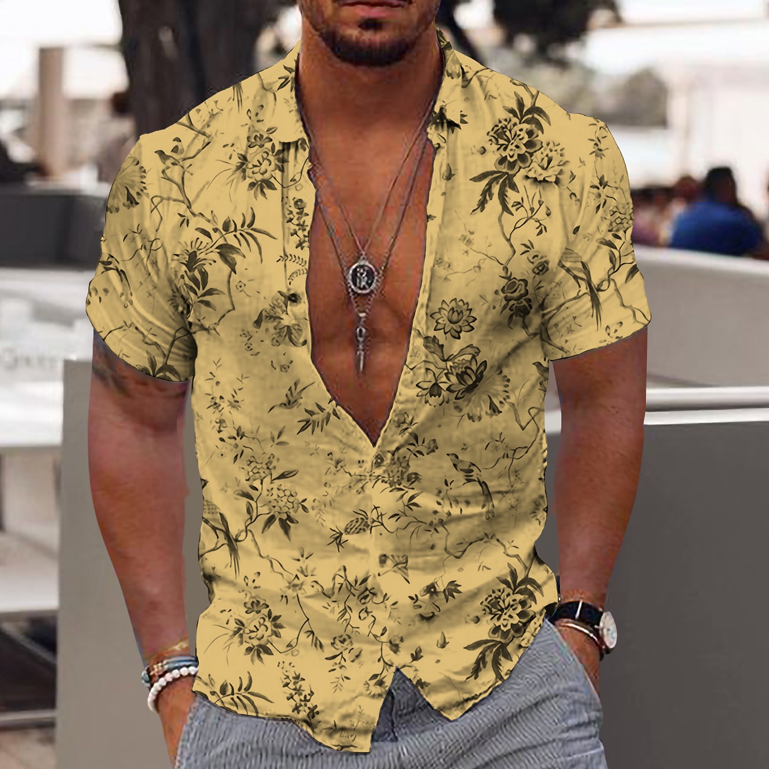 Voor heren Bloemig Tropische bloemen Bladeren Overhemd Hawaiiaans overhemd Aloha-shirt Korte Mouw Overhemd Strijkijzer Modieus Ontwerper Casual Buiten Straat Casual Geel Lichtgroen blauw 3D-afdrukken 2025 - $24.99 –P8
