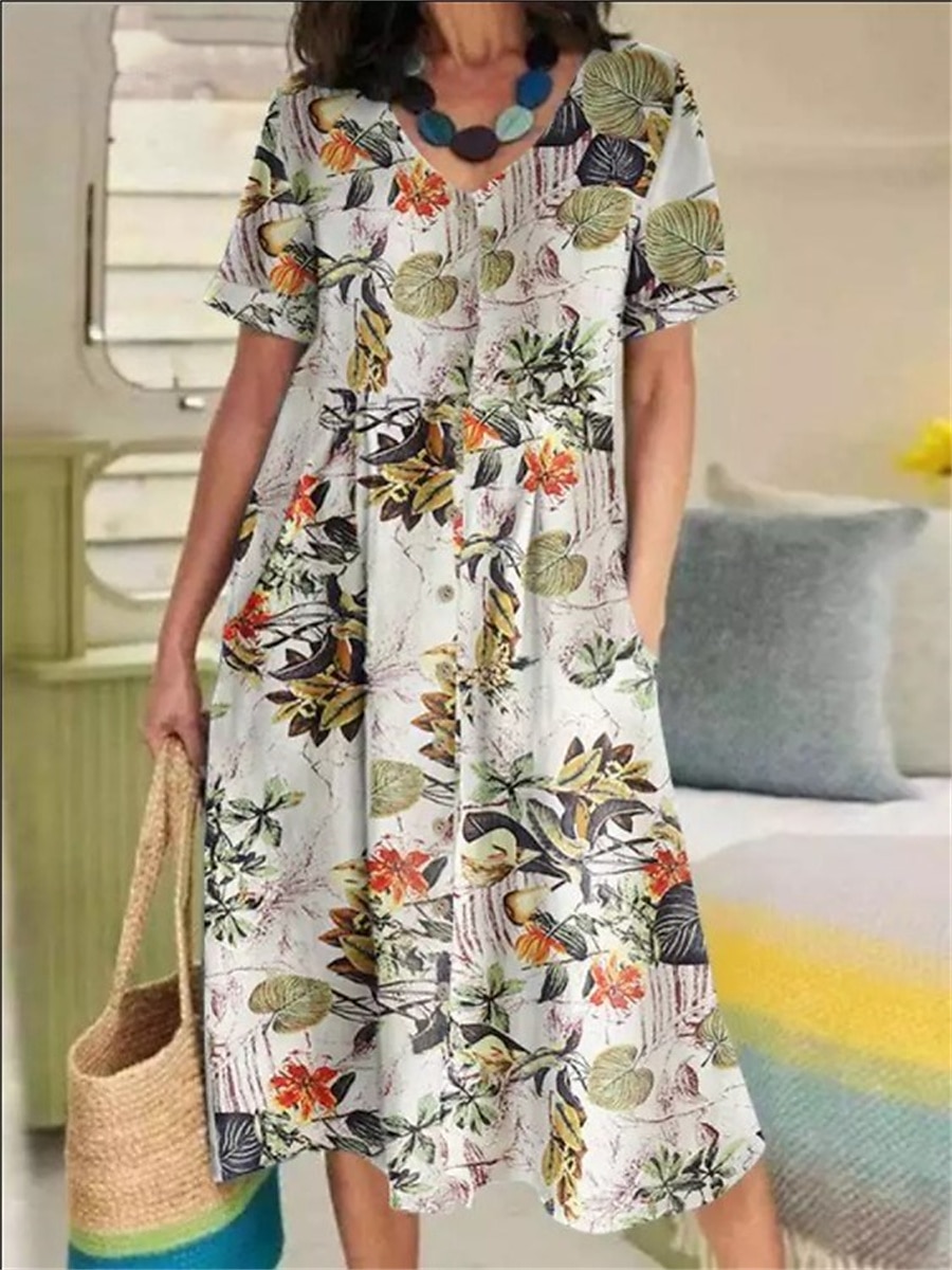 Femmes Jaune bleu marine Violet Été Printemps Robe Midi Robes en coton et lin Robe Décontractée Robe d'été en coton Basique Occasionnel Extérieur Vacances Quotidien Coupe Ample Fleuri Fleur Col en V de 2025 ? $32.99 –P1
