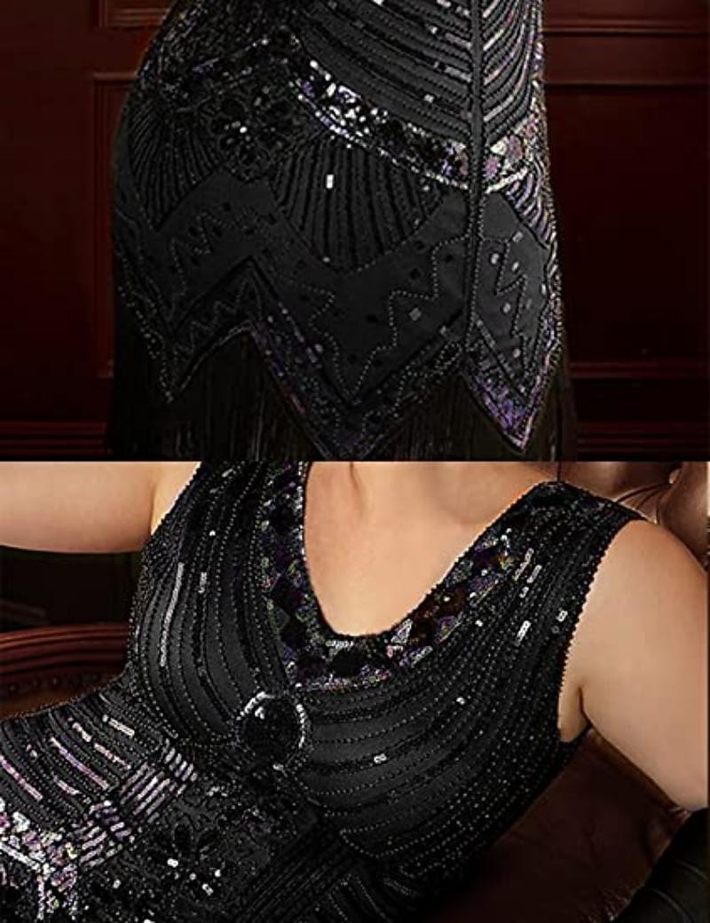 Set Anni Ruggenti Anni 1920 Lunghezza al ginocchio Abito Flapper Abito da cocktail Set di accessori con accessori Taglie Forti Normale Senza maniche Il grande Gatsby Invitato al matrimonio Paillettes del 2026 a $63.99 –P7