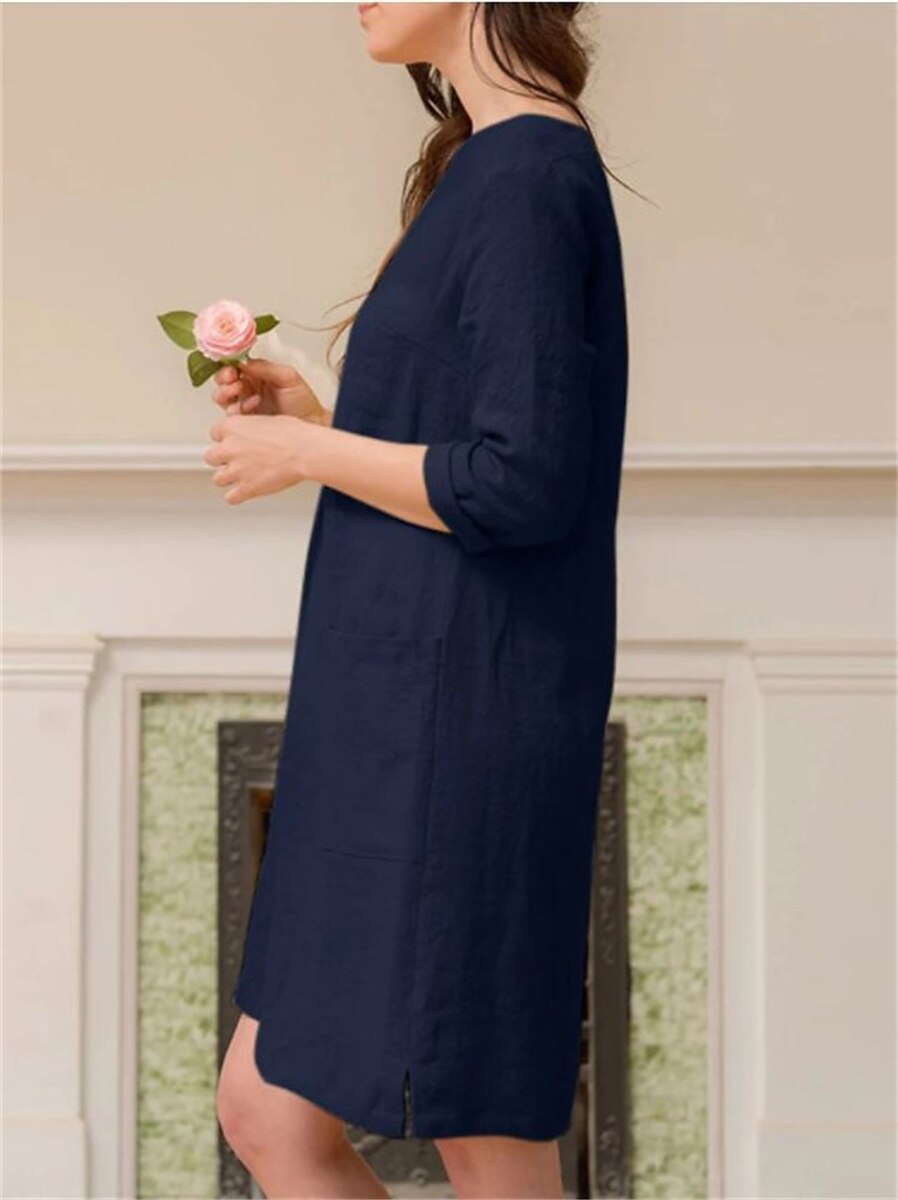 Linen V Neck Linen Shift Dress, 3/4 Sleeve, Relaxed Fit, Pockets