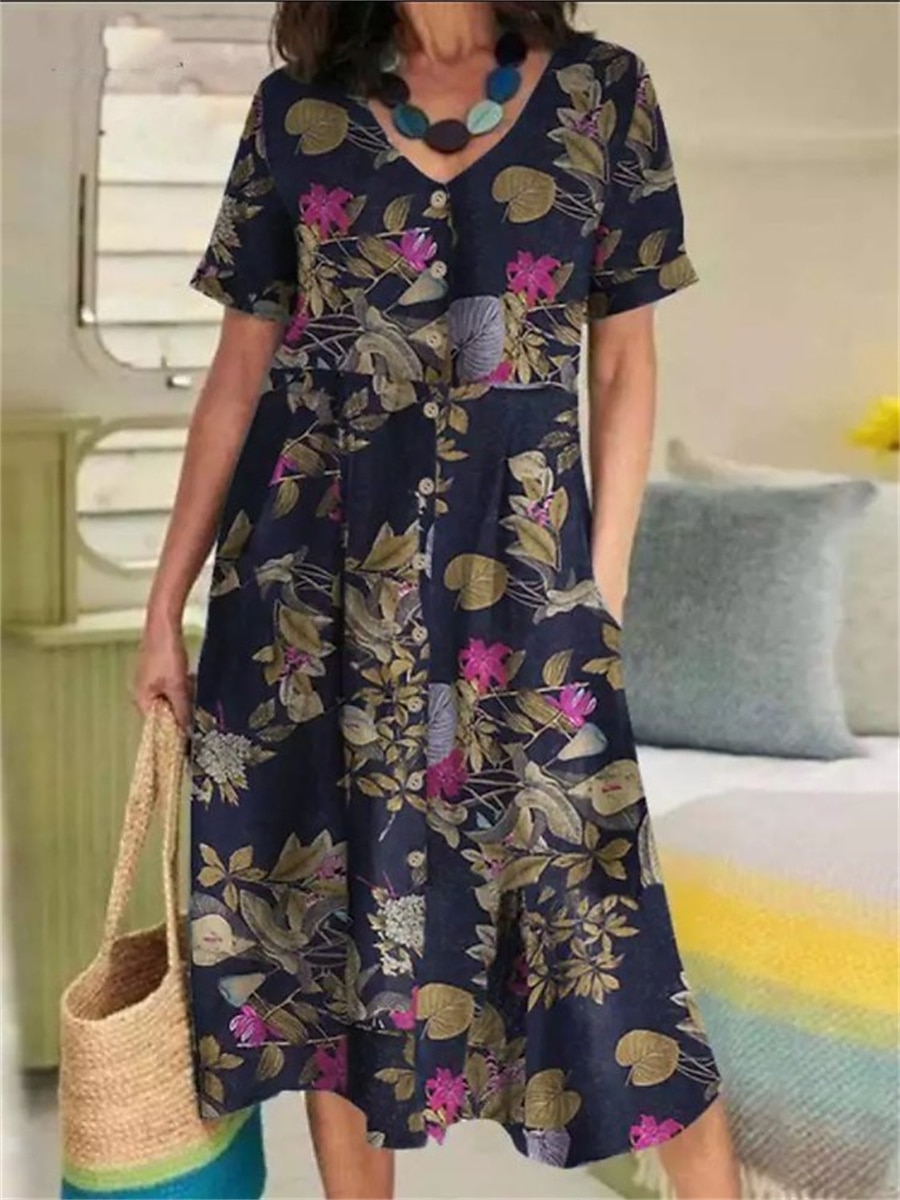 Femmes Jaune bleu marine Violet Été Printemps Robe Midi Robes en coton et lin Robe Décontractée Robe d'été en coton Basique Occasionnel Extérieur Vacances Quotidien Coupe Ample Fleuri Fleur Col en V de 2025 ? $32.99 –P3