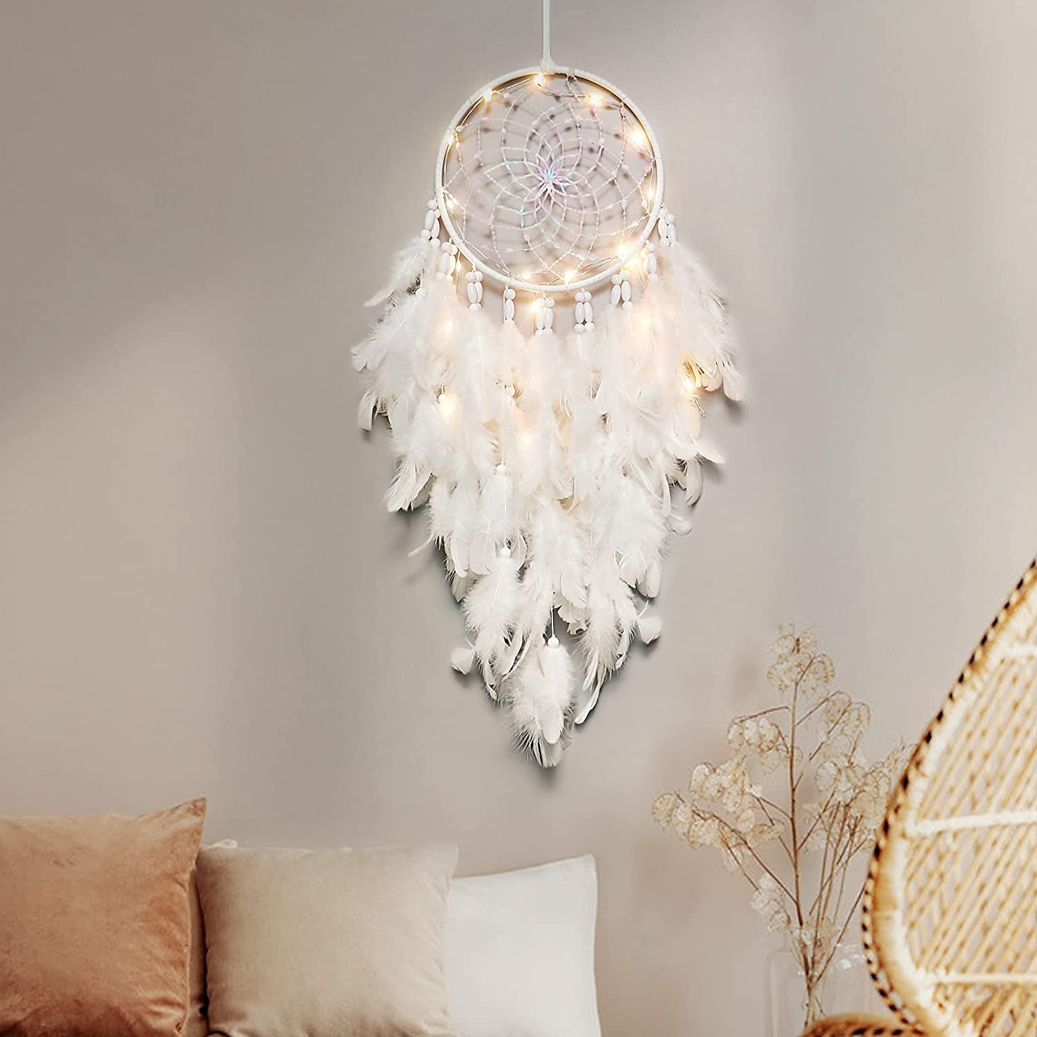 led dromenvanger witte veer kerstverlichting creatieve muur opknoping vakantie slaapkamer huis bruiloft balkon tuin decoratie windgong licht verjaardag zegen cadeau 2025 - $20.99 –P5