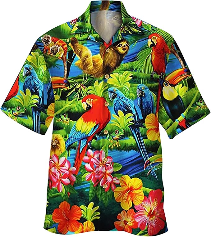 Herren Tier Papagei Palmblatt Hemd Hawaiihemd Sommerhemd Camp-Shirt Kurzarm Hemd Umlegekragen Modisch Designer Brautkleider schlicht Outdoor Strasse Casual Meerblau Meeresblau Rote 3D-Druck S M L 2025 - $14.49 –P8