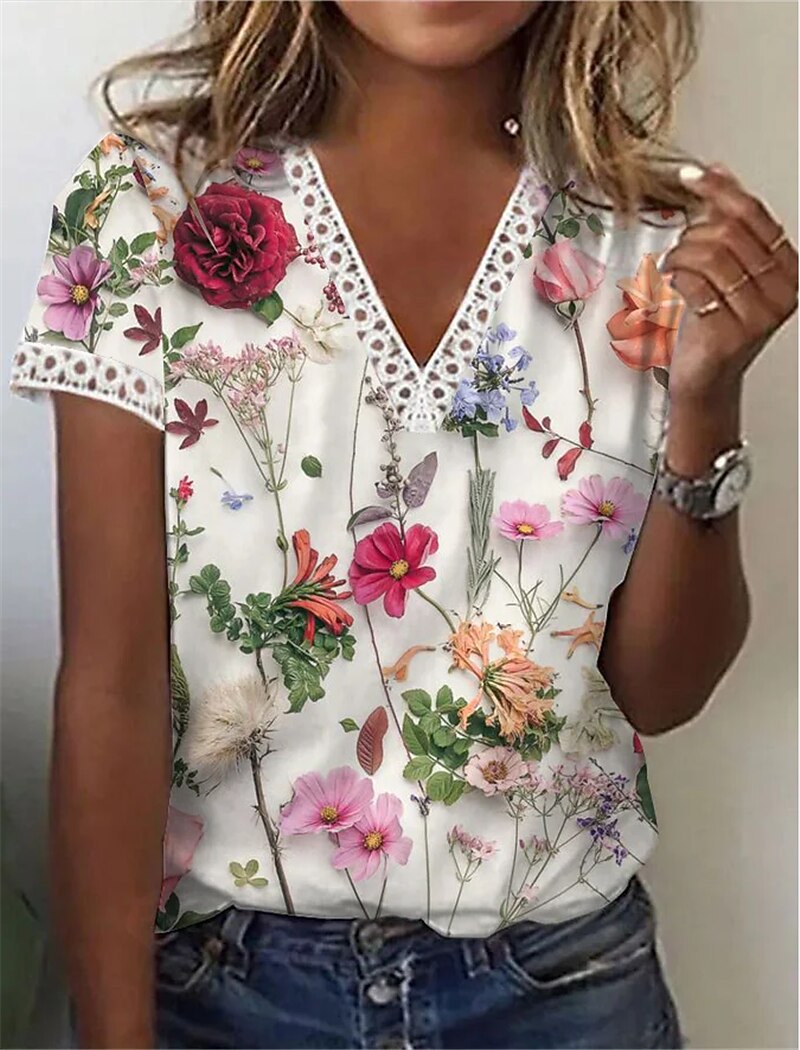 Mulheres Camiseta Floral Geométrica Branco Rosa Azul Renda Imprimir Manga Curta Casual Diário Básico Decote V Normal de 2026 por GBP £16 –P1