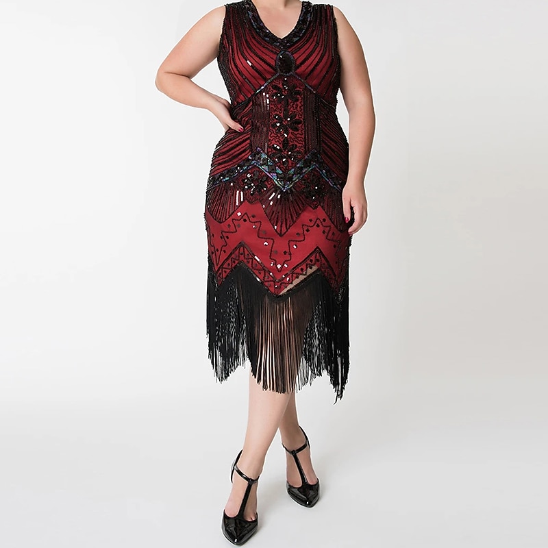 Anni Ruggenti Anni 1920 Midi Vestito Abito Flapper Abito da Ballo Taglie Forti Normale Senza maniche Il grande Gatsby Charleston Invitato al matrimonio Paillettes Scollo a V Costume Per donna del 2026 a $44.99 –P12