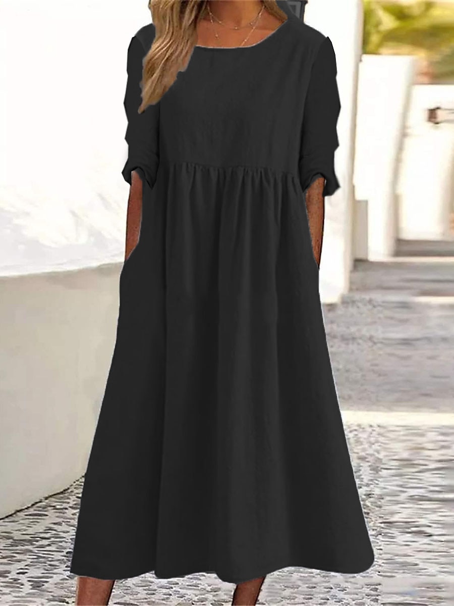 Women's Casual Dress Cotton Linen Dress Swing Dress Midi Dress Cotton Blend Basic Classic Outdoor Daily Vacation Crew Neck Pocket Long Sleeve Summer Spring Fall 2023 Loose Fit Black Gray Plain S M L 2023 - US $31.99 –P4