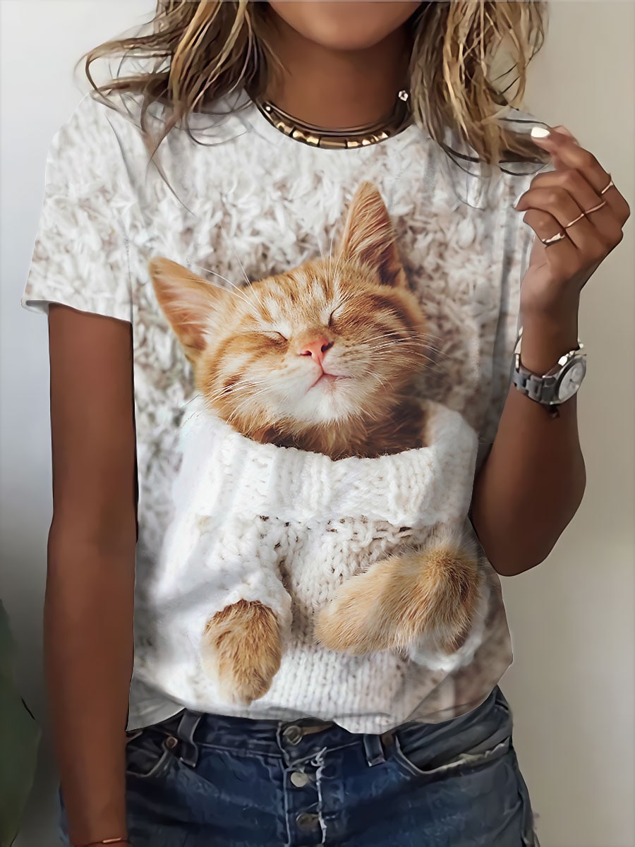 dámské tričko basic cat print krátký rukáv běžné topy kulatý výstřih denní víkend bílá 2025 - $19.99 –P1