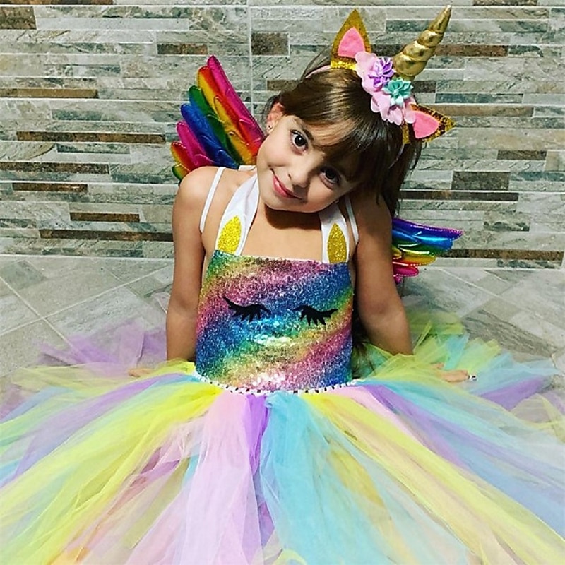 vestito da bambina per bambini 2-8 anni 3 pezzi unicorno principessa  arcobaleno colorato tutu abiti di compleanno con ala e fascia paillettes  halter viola oro argento abiti carini del 2024 a $25.99