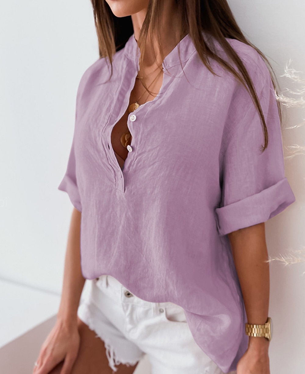 Жен. Застегните кнопку вверх Блуза Длинные хлопковые топы Искусственный хлопок и лен Пуговицы Сплошной/однотонный цвет Классический Неоновый и Яркий V-образный вырез Повседневные 2026 - $18.49 –P3