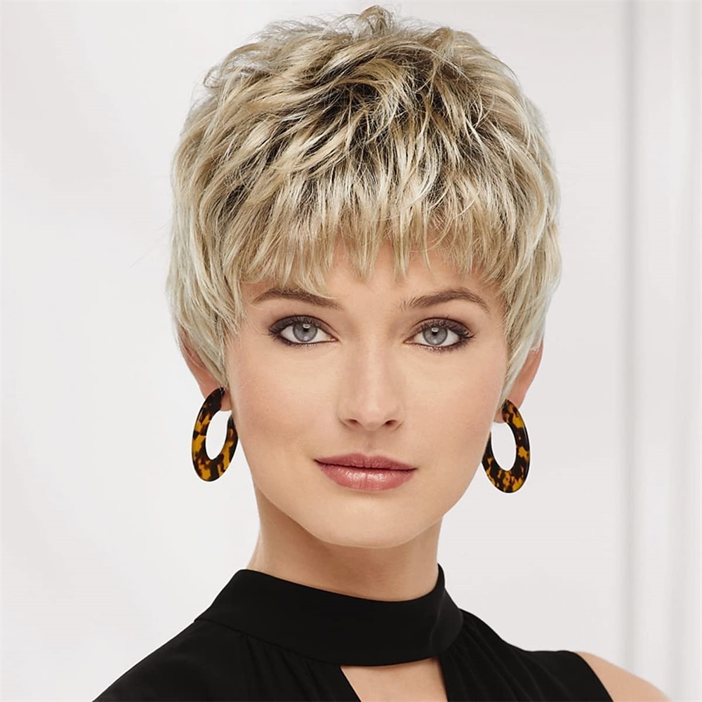 parrucca pixie chic con frangia frantumata e strati arruffati / sfumature multitonali di biondo argento marrone e rosso del 2025 a $24.99 –P1
